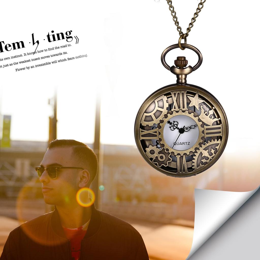 Pocket Watch Antique Retro Skeleton Gear Crown Pendant Watch Chain Necklace Pocket Watch Bronze