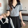 Women's Hong Kong Style Contrast Color Polo Collar Crop Top - Slim Fit, Short Sleeve, Summer 2025 Design.