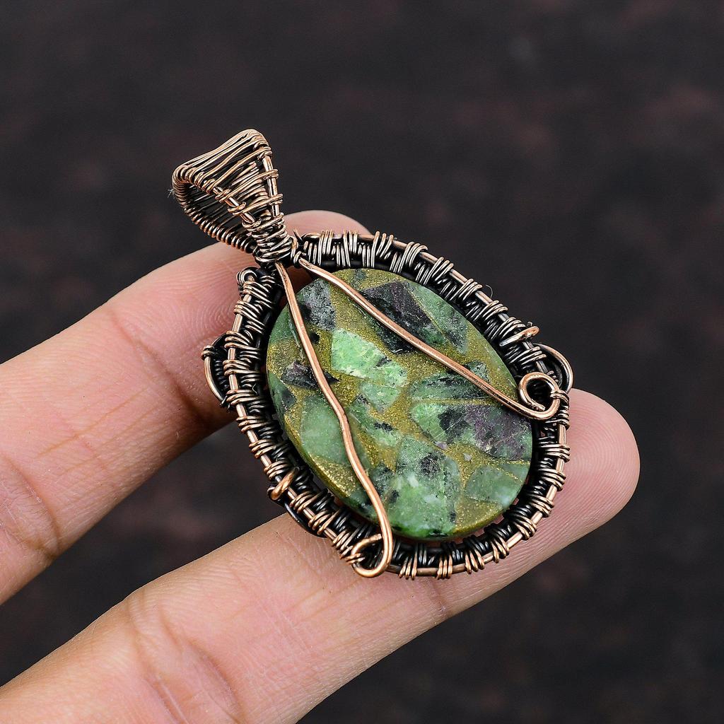 Медный Рубин Цоизит Кулон Медная Проволока Обернутый Кулон Ювелирные Изделия Ручной Работы Бохо Подвеска Из Натурального Драгоценного Камня Подарок Для Мамы Дизайнерские Медные Ювелирные Изделия