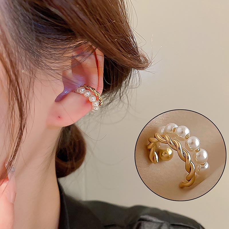Korean Gold Color Double-Layer Circle Twist Pearl Ear Cuff Vintage Geometric Circle Earcuff Fake Piercing Pearls Clip