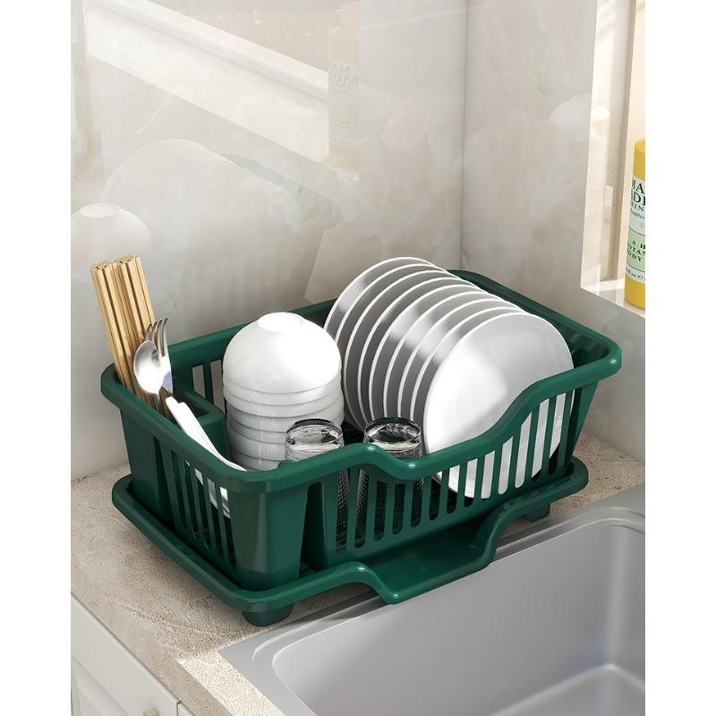 Пластиковая подставка для посуды с дренажной доской и чашкой для столовых приборов, кухонная корзина для слива, держатель для столовых приборов и дополнительный коврик для сушки, дренажная подставка