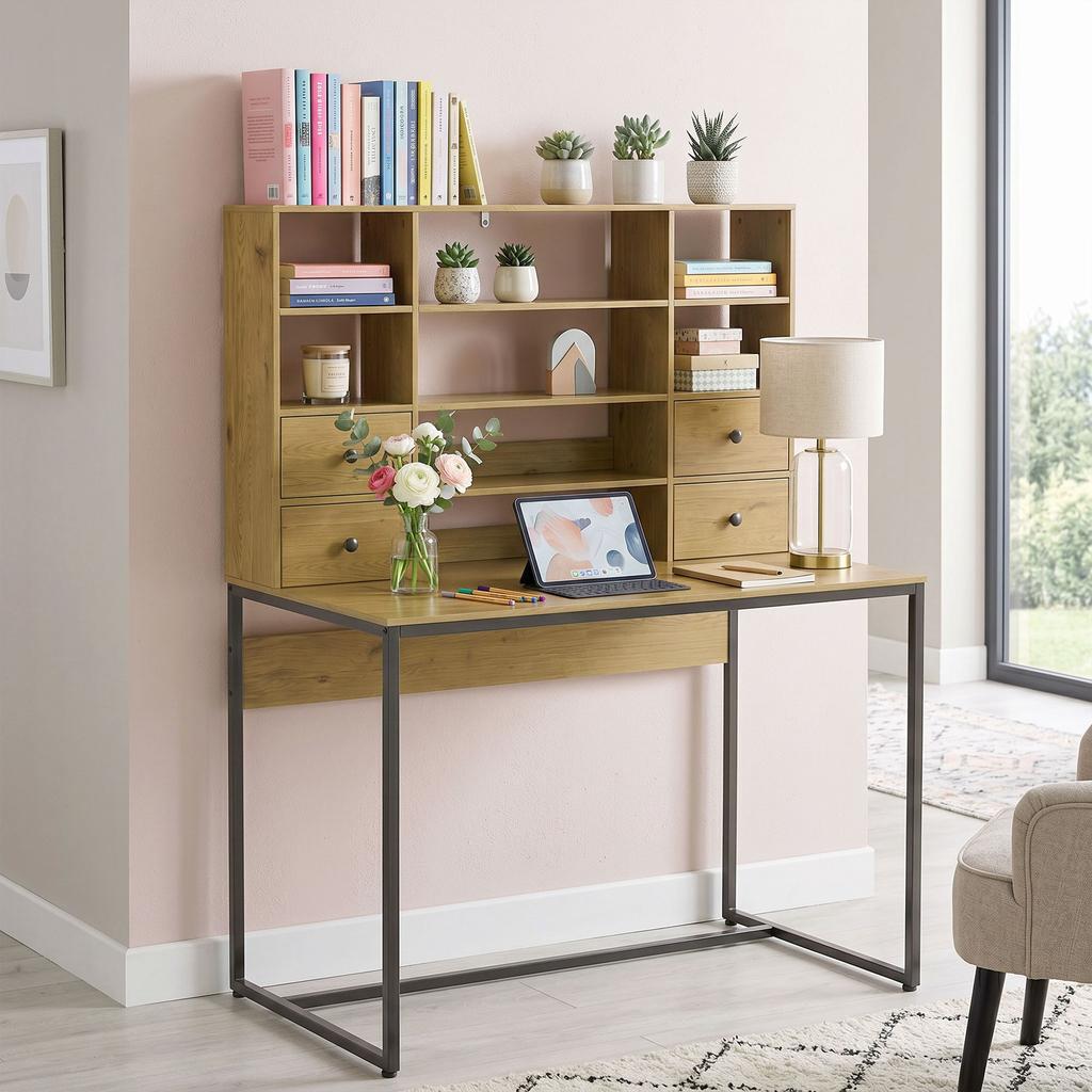 Computer Desk, 4 Drawers, 105 x 60 cm, Open Shelves, Natural Wood