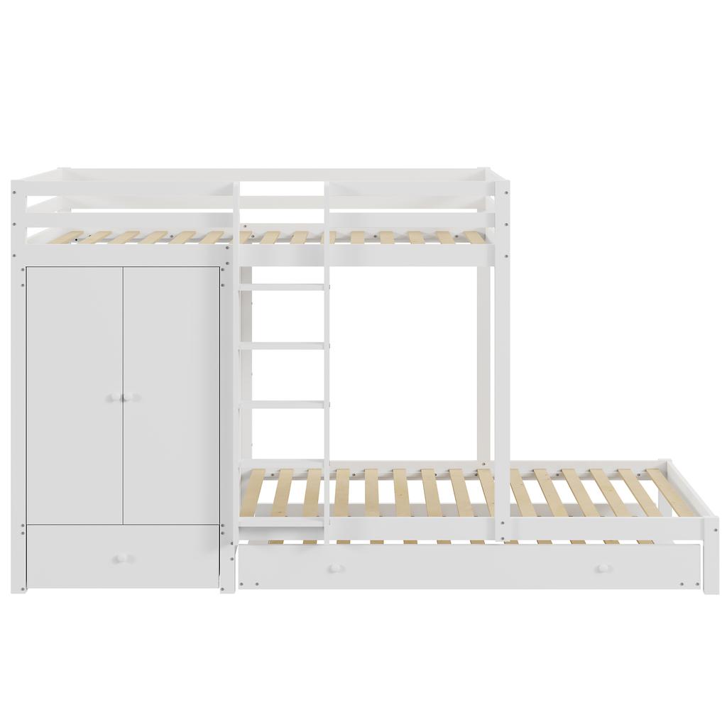 Solid Wood Bunk Bed 90*200 with Pull-out Bed, Multifunctional Children's Bed with Wardrobe, Drawers and Storage Compartment, White