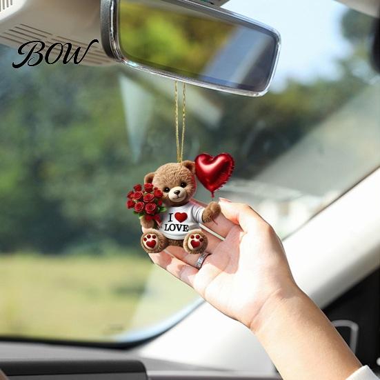 Small Romantic Keepsake Teddy Bear Hanging Ornament, Holding Heart Balloon Red Rose Bouquet Decoration, Car Rearview Mirror Accessory 2D Flat