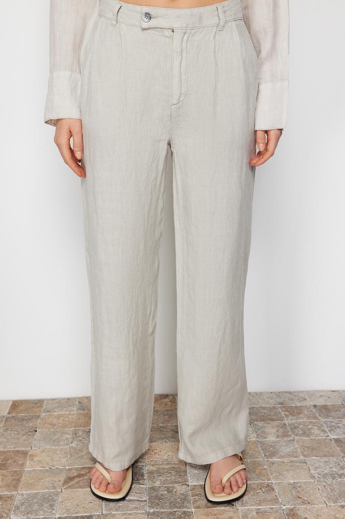 Women's Fashion New Jeans Gray 100% Linen Pleated High Waist Wide Leg Pants