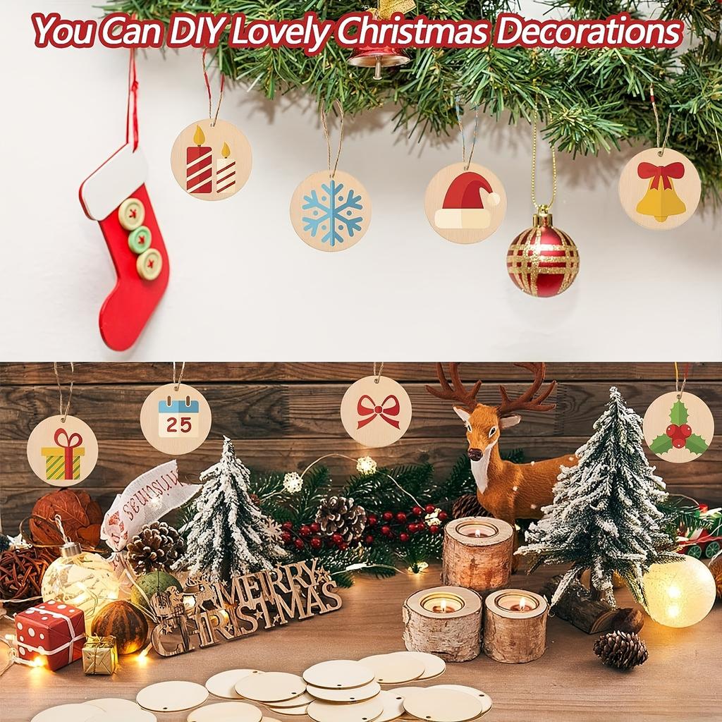 100pcs 2in Round Wooden Slices, Small Discs with Holes for DIY Art & Christmas Ornaments