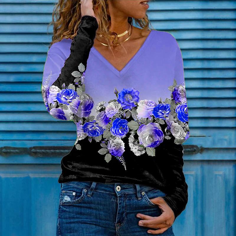 Женские футболки с 3D принтом розы, женские топы, пуловер с длинным рукавом и v-образным вырезом, женские футболки, футболка для женщин
