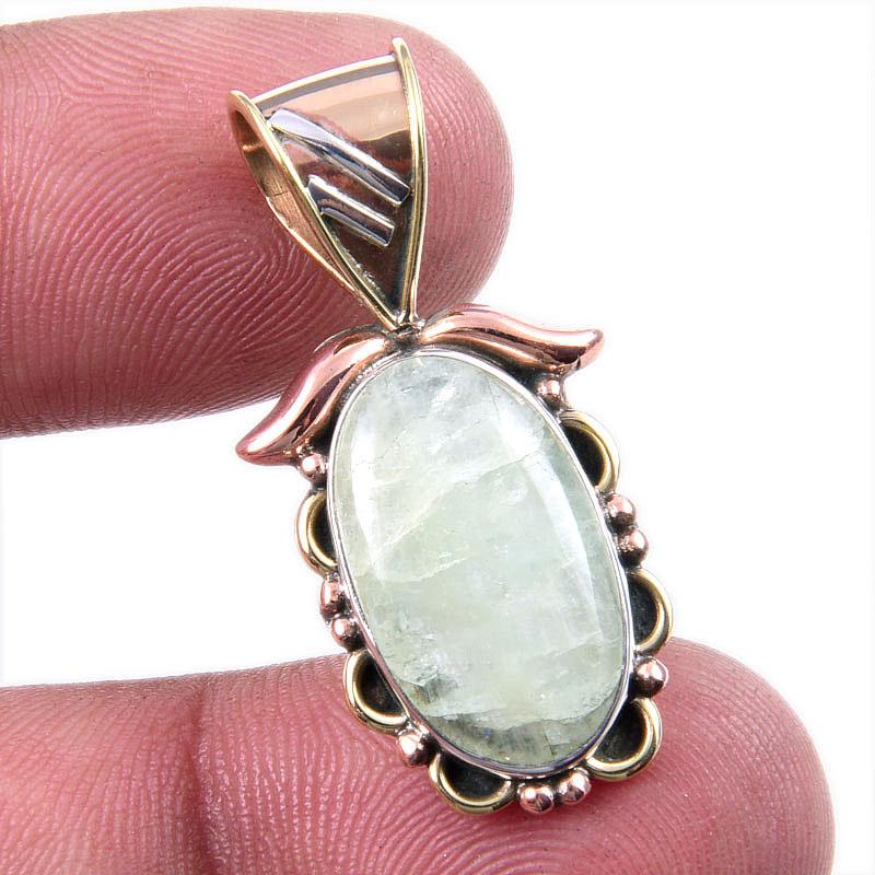 Natural Aquamarine Gemstone 925 Solid Sterling Silver TwoTone Pendant 1.25" T8M26