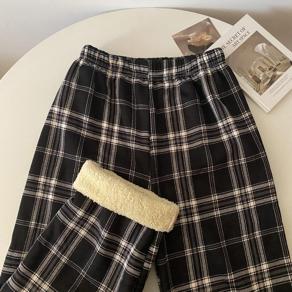 Women's High-Waisted Fleece-Lined Wool Plaid Wide-Leg Pants