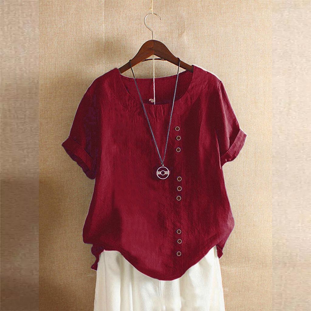 Women's Fashion Casual Temperament Round Neck Vintage Cotton And Hemp Solid Button Short Sleeve T-Shirt Top