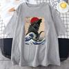 Футболки с коротким рукавом Уникальная японская футболка Godzillaed Great Wave Летняя женская мужская футболка с круглым вырезом из чистого хлопка унисекс