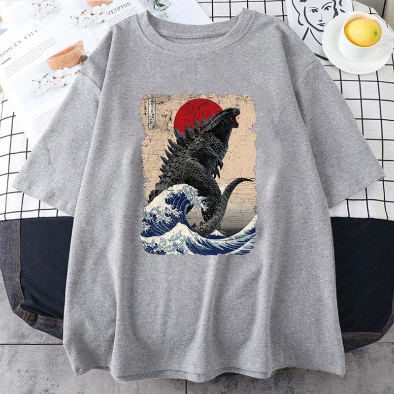 Футболки с коротким рукавом Уникальная японская футболка Godzillaed Great Wave Летняя женская мужская футболка с круглым вырезом из чистого хлопка унисекс