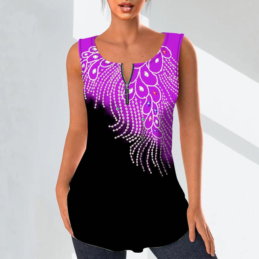 Women's Fashion V Neck Shirts Casual Tops T-shirt Ladies 3D Pearl Pendant Pattern Print Vest Plus Size Sleeveless Blouse Tank Tops