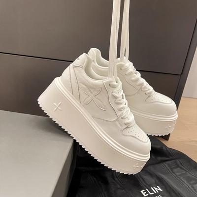 Кожаные туфли на толстой подошве, маленькие белые туфли, женские, весна и осень, новые, черно-белые, на подошве-маффин, увеличивающие рост, на шнуровке, повседневные, кеды