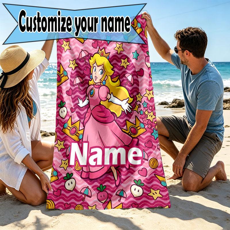 Custom Name Personalized Princess Peach Toadstool Print Beach Towel, for Trip Camping Beach Party Home Decor, Birthday Gift for Family & Friends
