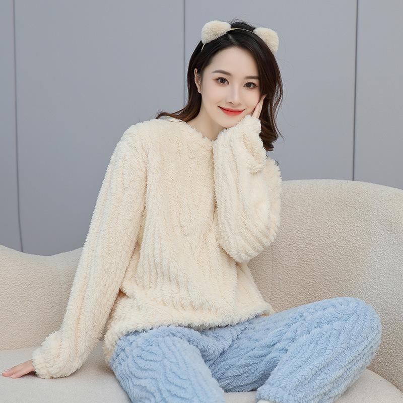 Winter Pajamas Homewear Suit Warm Suit Women's Autumn and Winter Shu Cotton Velvet Thickened Color Blocking Warm Homewear