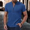 Men's Solid Color Cotton and Linen Short-sleeved Shirt Summer Casual Henry Collar Shirt Button V-neck Pullover Loose Top S-XXXL