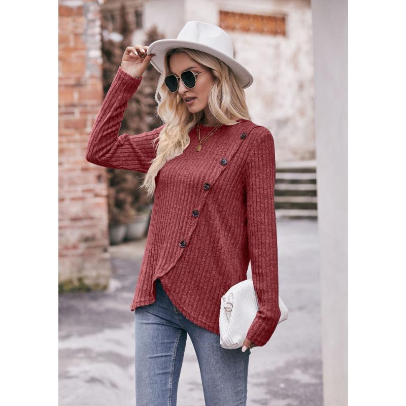 YYFS Женские модные повседневные весенне-осенние однотонные блузки и рубашки с круглым вырезом с длинными рукавами и принтом