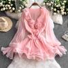 3D Floral Beach Short Dress Female Long Sleeves Lace Up Ruffle Chiffon Cake Sundress Sheer Sexy Vintage Bohemian Dress