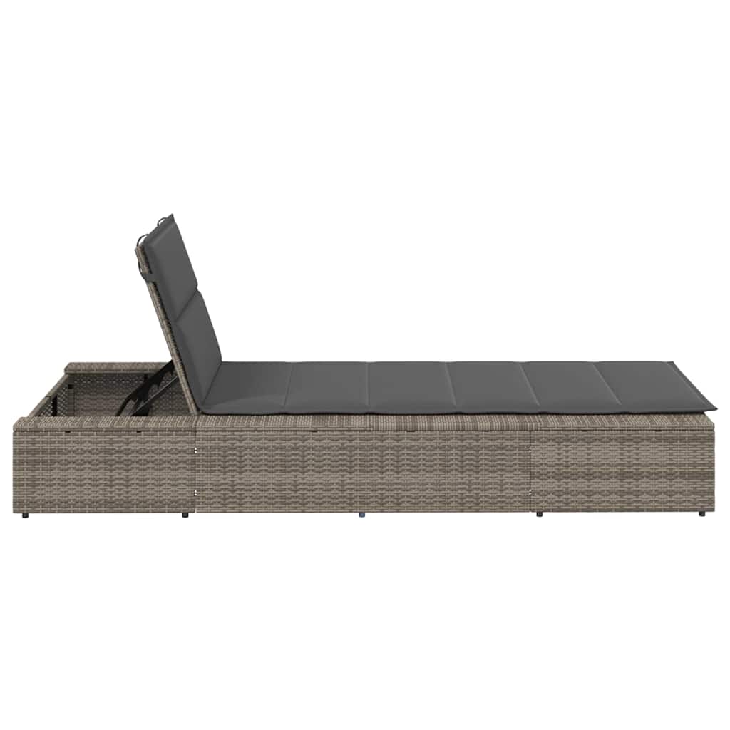 Sun Lounger with Floating Cushion Gray Poly Rattan