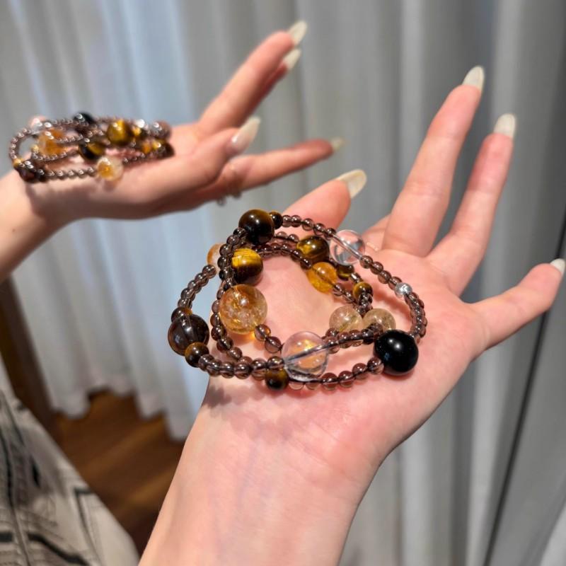 Handmade Three-Layer Natural Stone Bracelet Women Black Obsidian Citrine Tiger Eye Beads Minimalist Ethnic Style