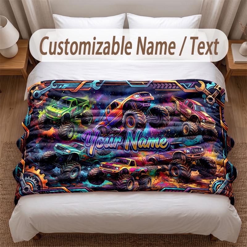 Truck Theme Soft Blanket Personalized Custom Name Text Print Warm Blanket Home Sofa Bedroom Decor