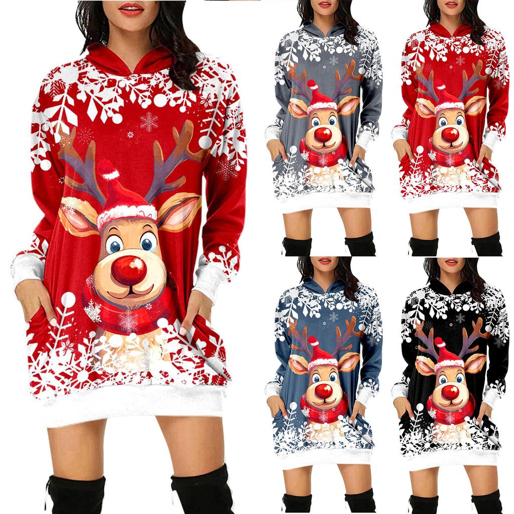 Women's Fashion Loose Casual Pocket Long Sleeve Hoodie Christmas Printed Sweatshirt Top