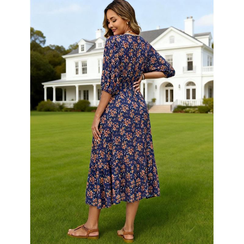 Real shot women's small floral medium and long dress hollow lace V-neck medium sleeve waist casual vacation beach skirt