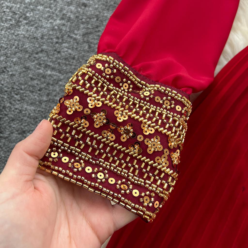 Temperament Robe Femme Maxi Dresses for Women Long Sleeve O-neck Sequin Slim Waist Vintage Pleated Dress 2025 Vestidos De Mujer