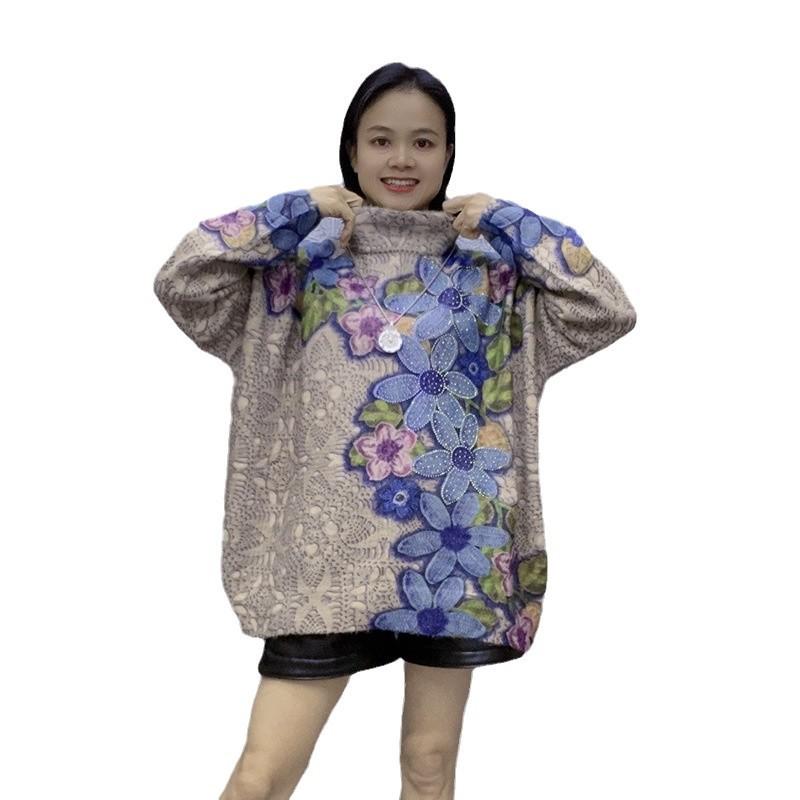 Blue Rhinestone Flower Stand Collar Sweater - Women's Plus Size, Long Sleeve, Thick Knit, 2024 Autumn/Winter Collection