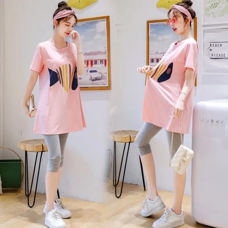 2024 Mid-length Korean Loose Maternity T-Shirt - Trendy Spring/Summer Short-Sleeved Tops