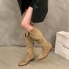 Модные винтажные ковбойские сапоги на толстом каблуке для женщин, зимние новые ботильоны из искусственной замши для женщин, короткие ботильоны на толстом каблуке