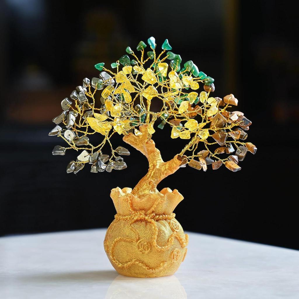 Money Magnet Crystal Tree Pyrite, Green Aventurine, Citrine, Tiger Eye Tree of Life Bonsai - Feng Shui Gold Crystal Ornaments for Prosperity