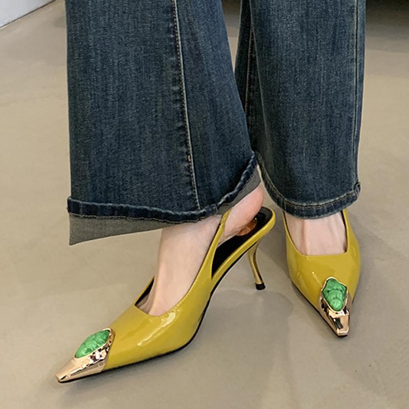 Liyke Модный Дизайн Инкрустация Драгоценными Камнями Заостренный Носок Лакированная Кожа Сексуальные Босоножки Слингбэк Женские Туфли Лодочки Высокие Каблуки Свадебные Банкетные Туфли