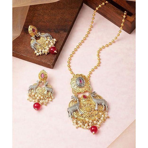 Двухцветный рубиновый жемчуг с подвеской в виде оленя и серьги, комплект украшений для женщин и девочек