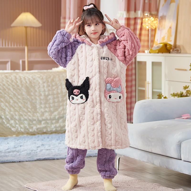 Girls Warm Coral Fleece Pajamas Set Long Sleeve Hooded Cartoon Print Kids Sleepwear Winter Home Outfit