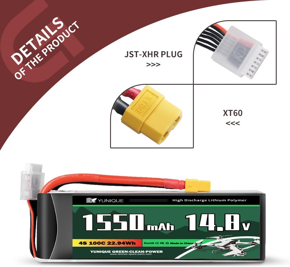 Липо-аккумулятор 4S 14.8V 1550mAh 100C с разъемом XT60 – Высокая мощность для RC моделей – Мягкий корпус, силиконовый провод