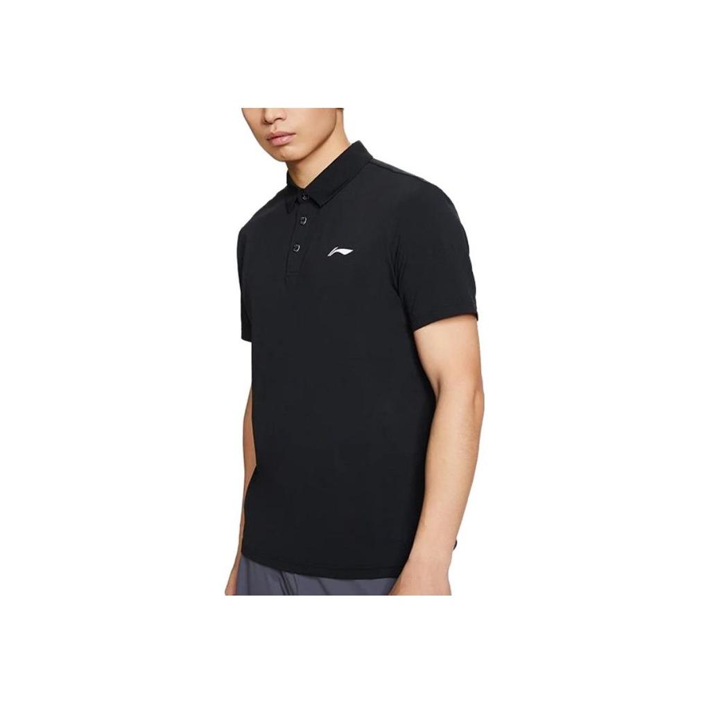 Li Ning Plain Color Polo Collar Straight Cut Short Sleeve Polo Shirt Men Tops Black APLT127-1