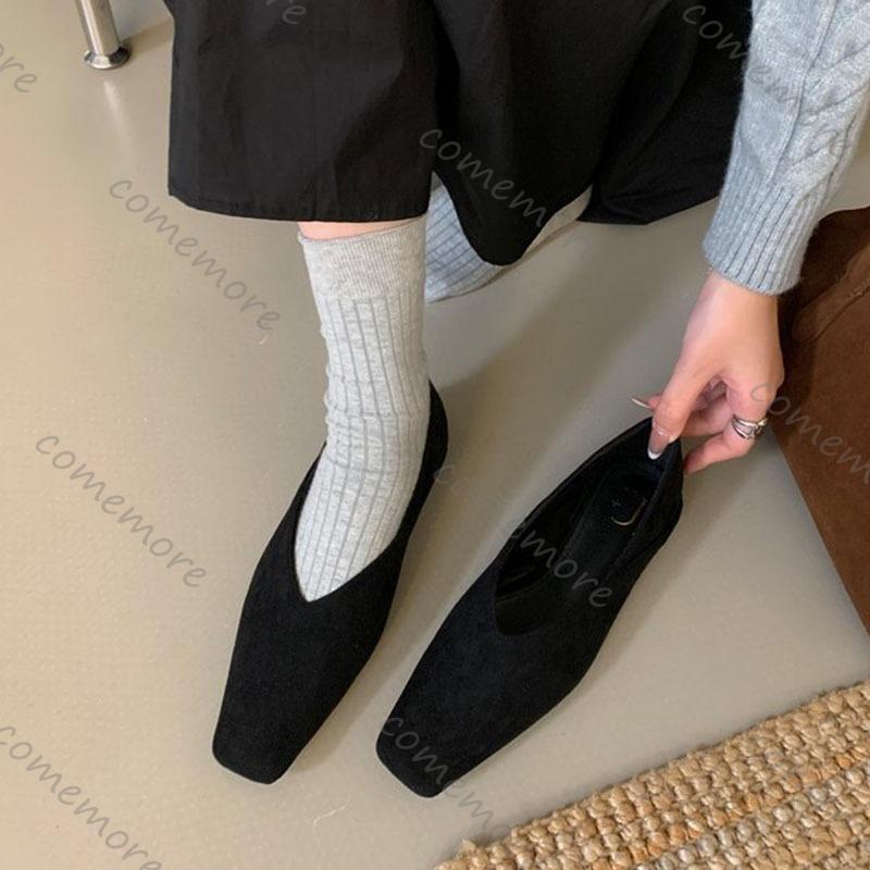 Fashion Comemore French Retro Suede Square Head Shallow Mouth Single Shoes for Women 2025 Spring Autumn New Temperament Slip On Flats
