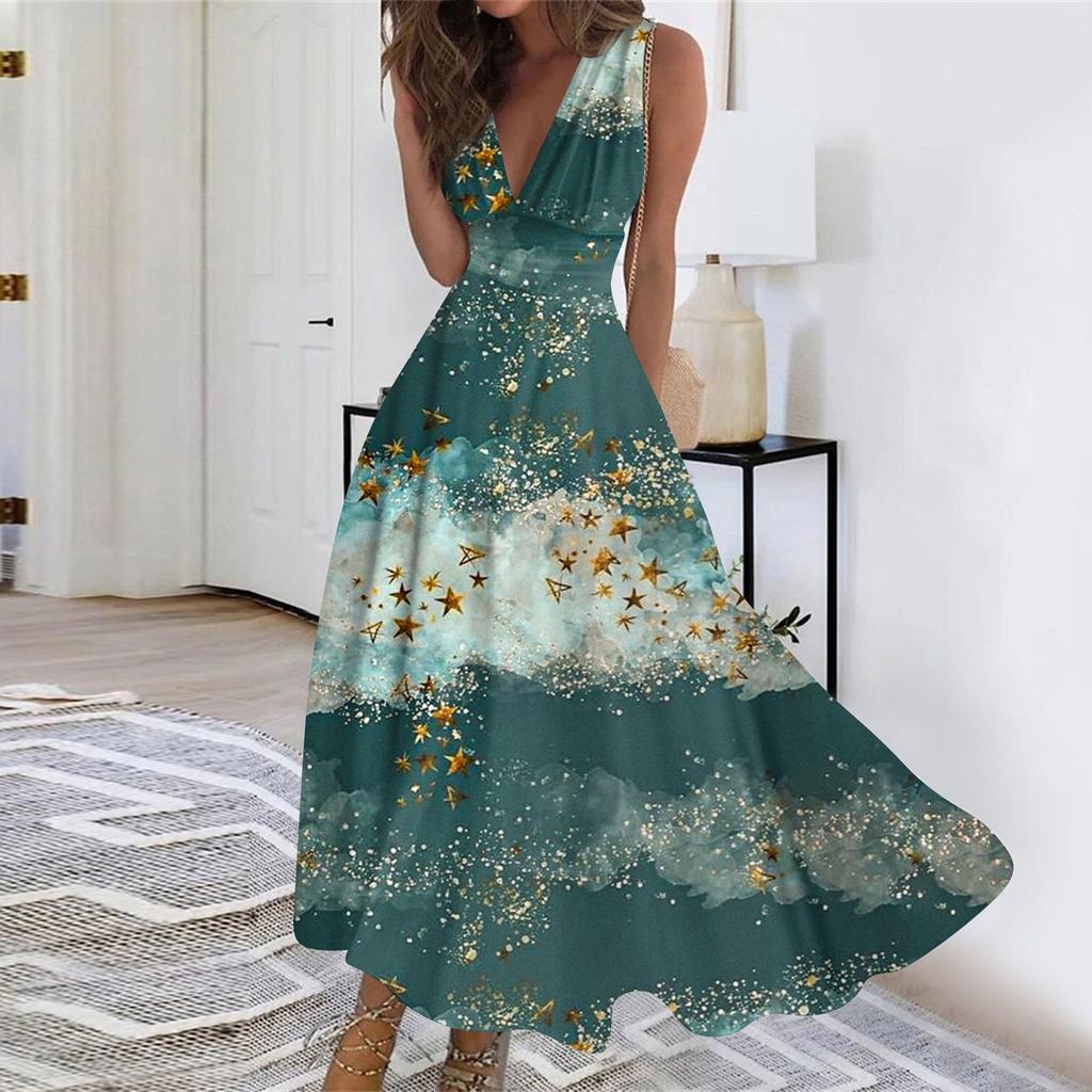 Женское длинное платье Платье макси Повседневное платье Летнее повседневное платье без рукавов с v-образным вырезом в стиле бохо с талией в стиле ретро с принтом