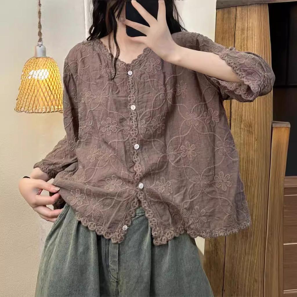 Summer Women Cotton Shirts Embroidery Loose V-Neck Collae Single-Breasted Female Tops