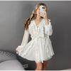 Elegant Ruffles Mini Dress Women V Neck Hollow Out Lace Up Long Sleeves Lace Dresses  Solid Color High Waist Dress