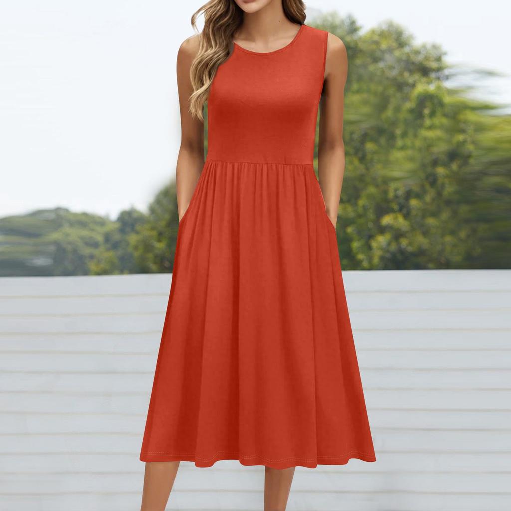 Женское модное однотонное платье без рукавов с круглым вырезом и карманом средней длины