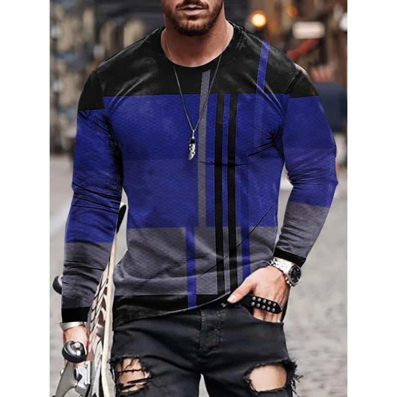 Fashion Men's Irregular Stripe Pattern Round Neck Long Sleeve Fashion T Shirt Spring And Autumn Outdoor Sports Top T Shirt