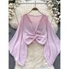 Niche Style V-neck Knot Flared Chiffon Long Sleeves Shirt