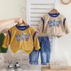 Костюм с длинным рукавом для мальчика 0-5 лет, Детская толстовка с круглым вырезом и английским принтом + джинсовые брюки, Красивая одежда для детей