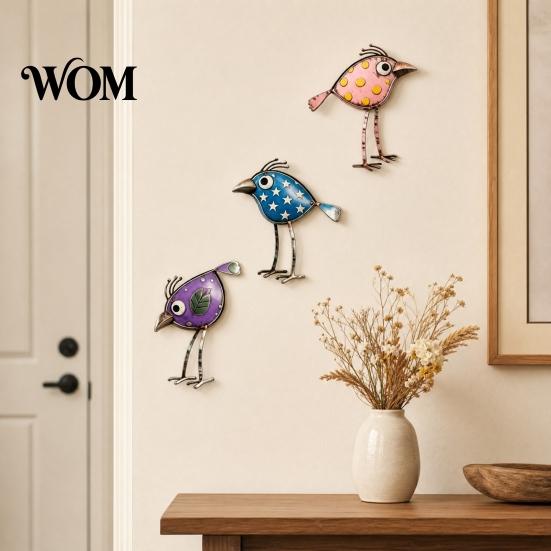 Cute Bird Wall Sculpture 3Pcs Wooden Birds Art Decor, Distressed Hangings, Funny Long Leg Star Pattern Sculpture, Boho Farmhouse Decorations