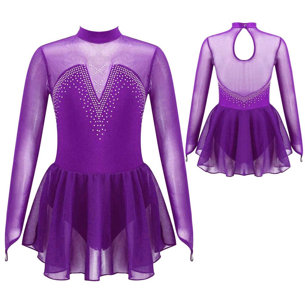 Kids Girls Sparkle Mesh Splice Figure Ice Skating Dress Gymnastic Dance Leotard Tutu Skirt Performance Dancewear