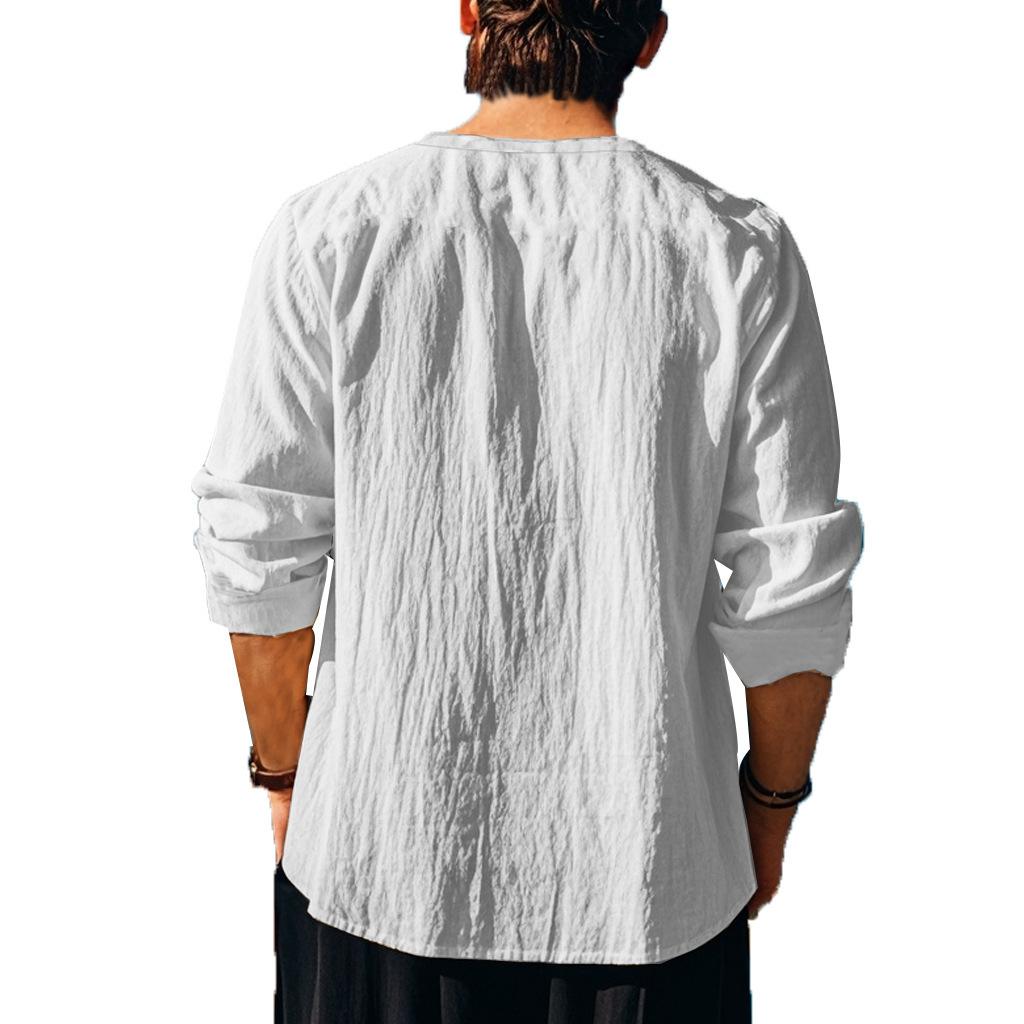 Мужская свободная футболка с V-образным вырезом и длинным рукавом, однотонная хлопковая конопляная пляжная рубашка с воротником