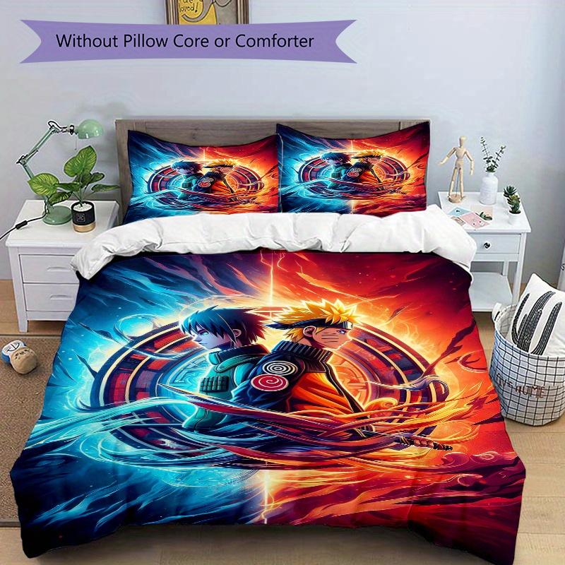 3pcs Naruto vs Sasuke Anime Design Printed Quilt Set - Includes 1 Quilt Cover and 2 Pillowcases, Machine Washable - Suitable for All Seasons.F046